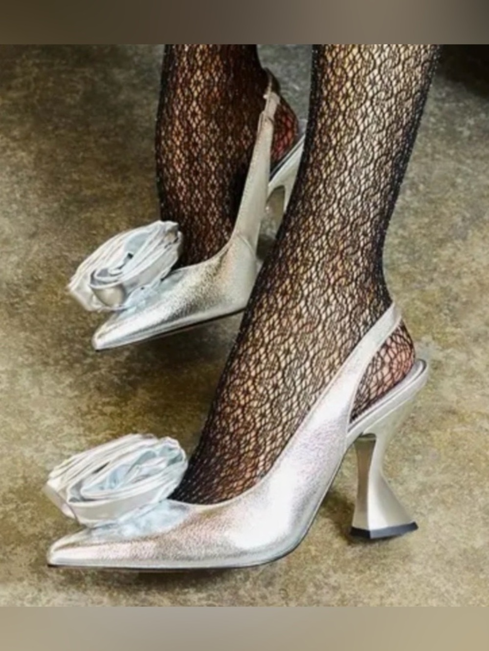 Silver Slingback Heels LATERR HIGH FLOWER 7.5M/37.5 w/Floral‎ Appliqué NWOB